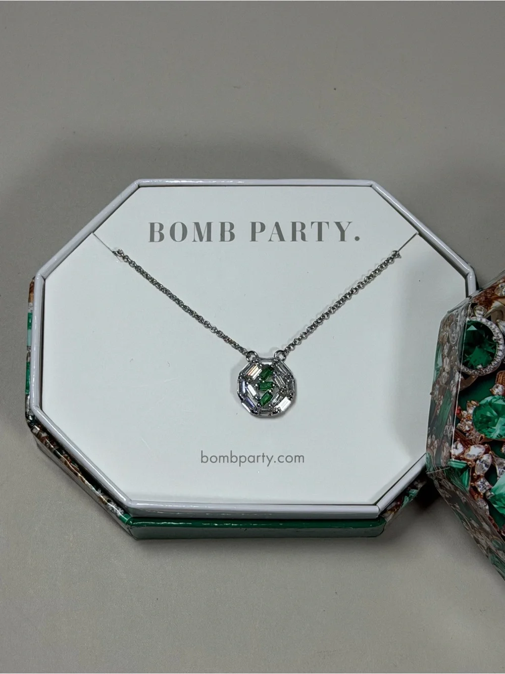 Bomb Party Silver Necklace with Green Crystal Pendant